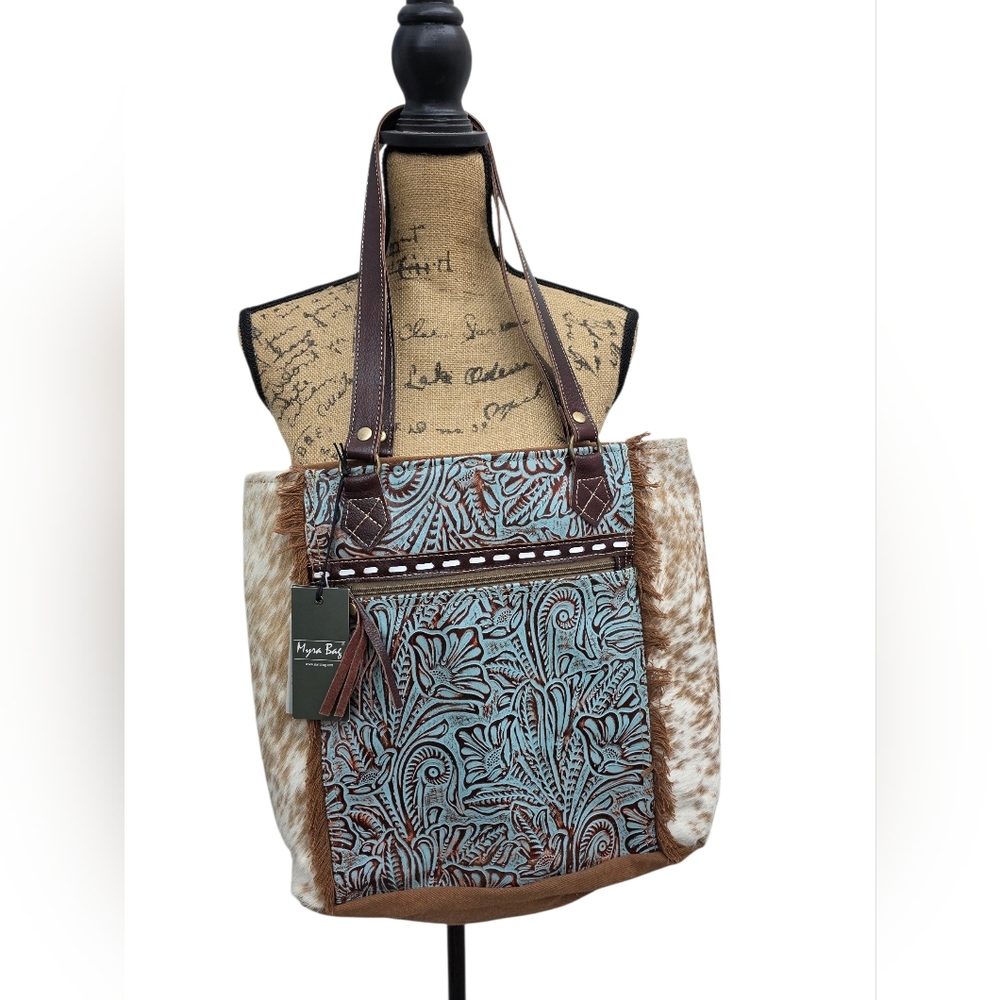 Myra Bag Amethyst Tote Bag NWT Hand Tooled Leather Hair On Hide